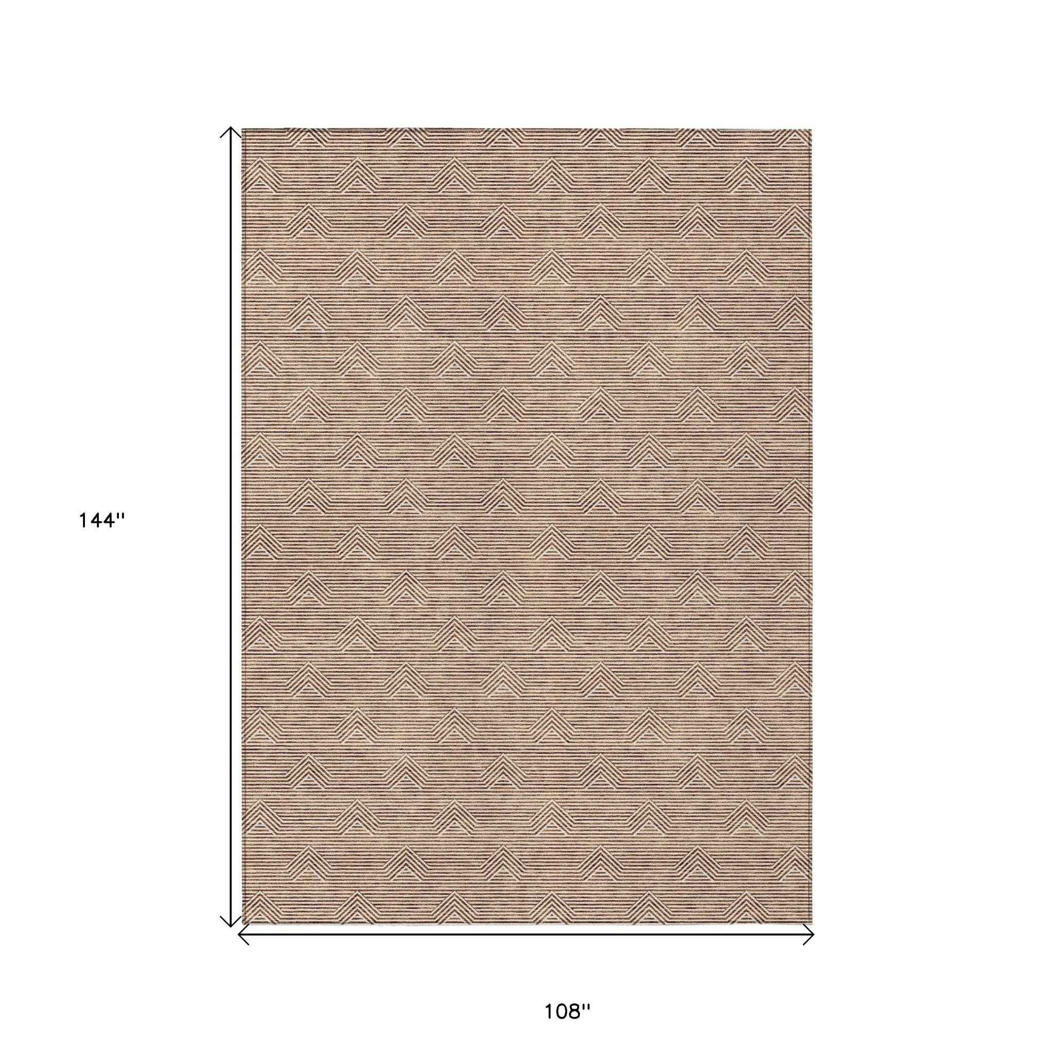 9' X 12' Brown And Beige Geometric Washable Indoor Outdoor Area Rug