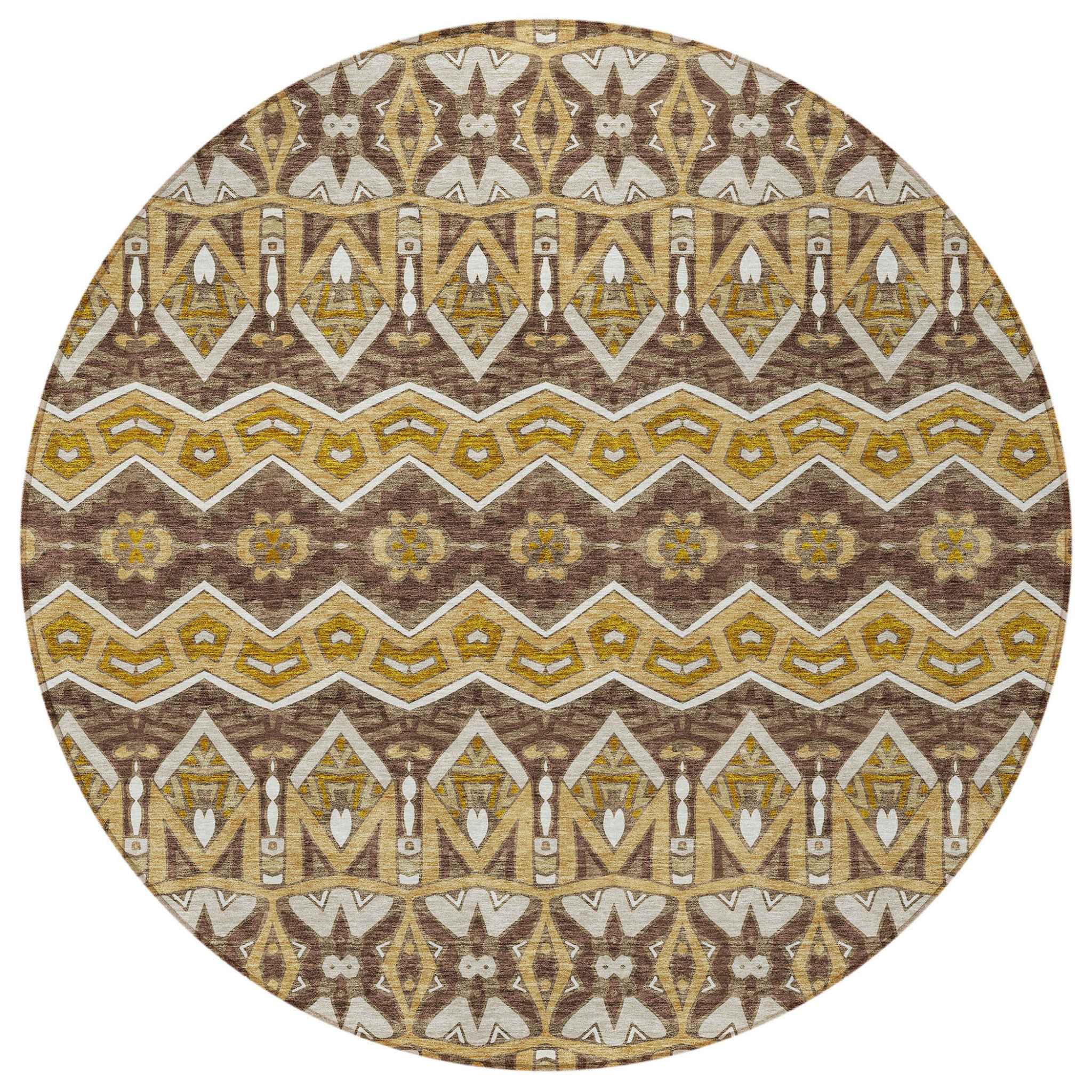 8' Gold Brown And Beige Round Moroccan Washable Indoor Outdoor Area Rug