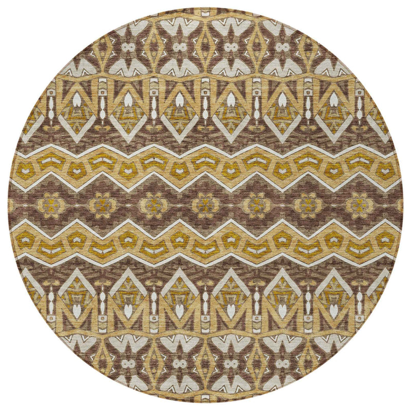 8' Gold Brown And Beige Round Moroccan Washable Indoor Outdoor Area Rug