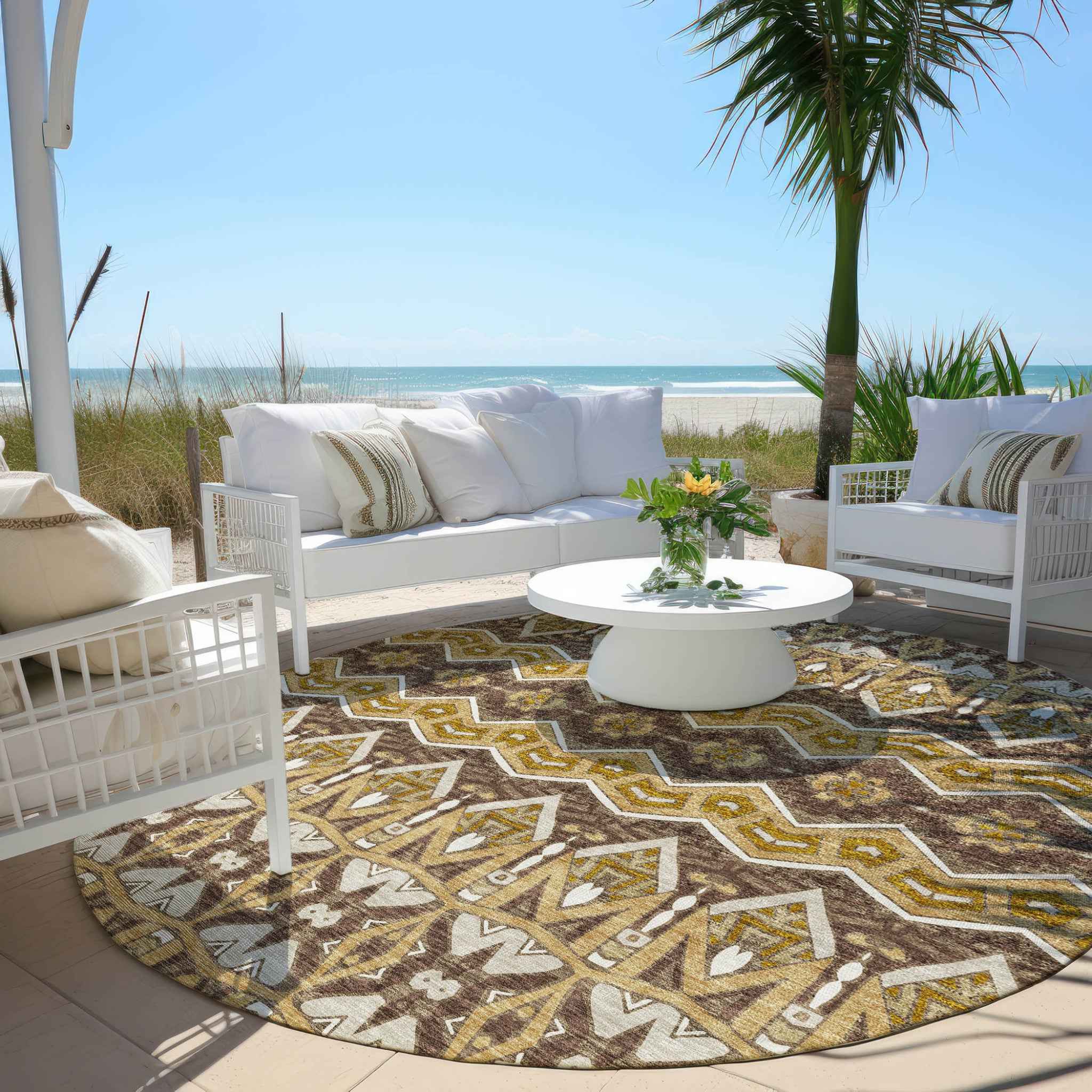 8' Gold Brown And Beige Round Moroccan Washable Indoor Outdoor Area Rug