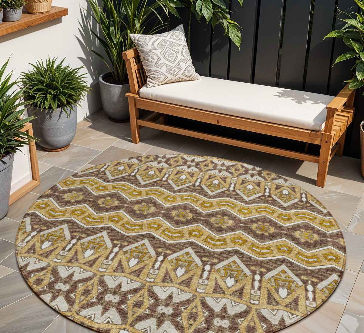 8' Gold Brown And Beige Round Moroccan Washable Indoor Outdoor Area Rug