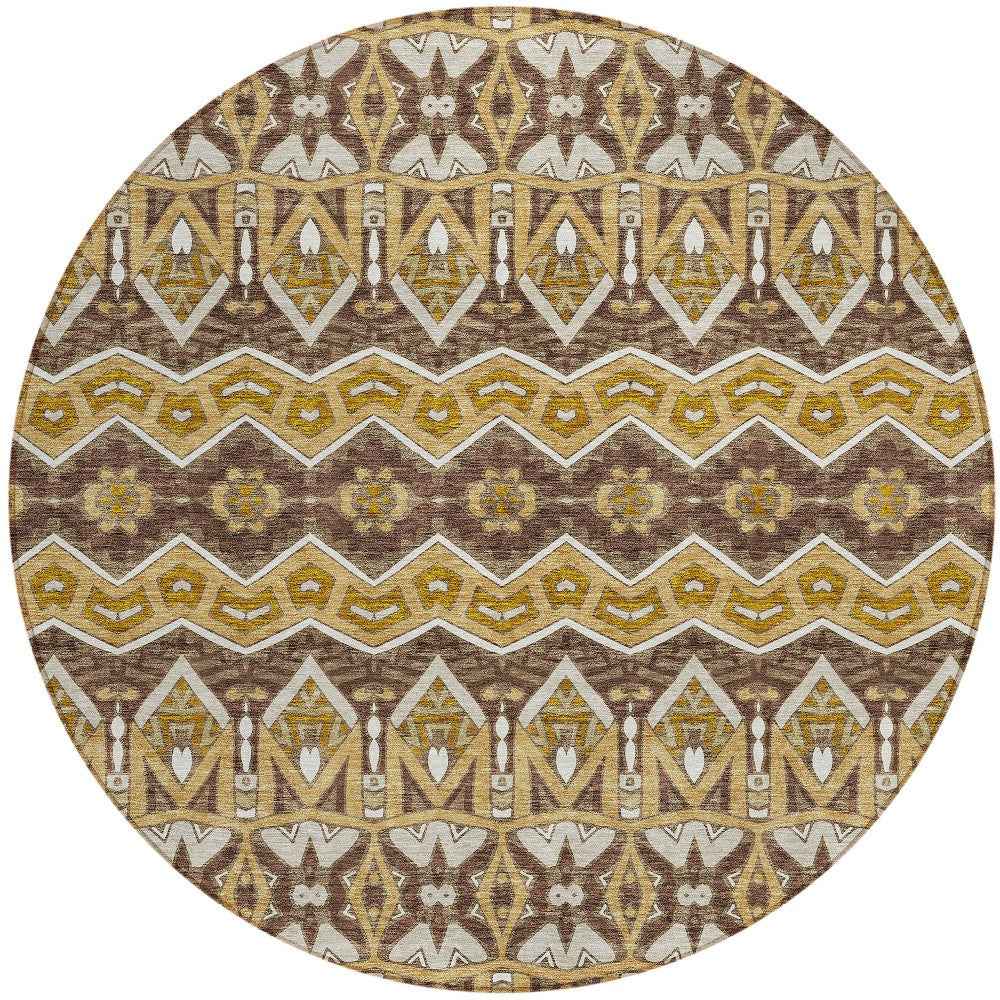 8' Gold Brown And Beige Round Moroccan Washable Indoor Outdoor Area Rug