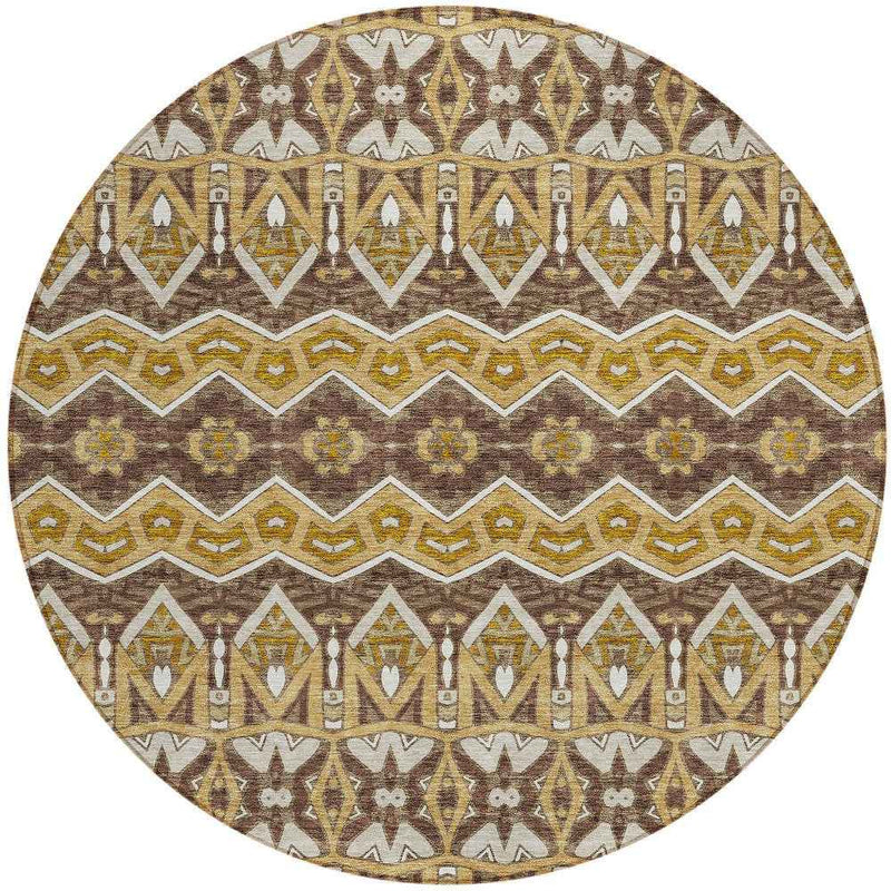 8' Gold Brown And Beige Round Moroccan Washable Indoor Outdoor Area Rug