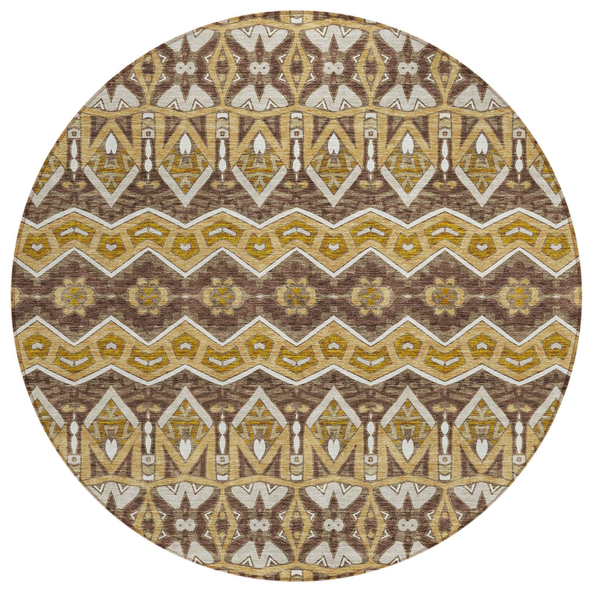 8' Gold Brown And Beige Round Moroccan Washable Indoor Outdoor Area Rug
