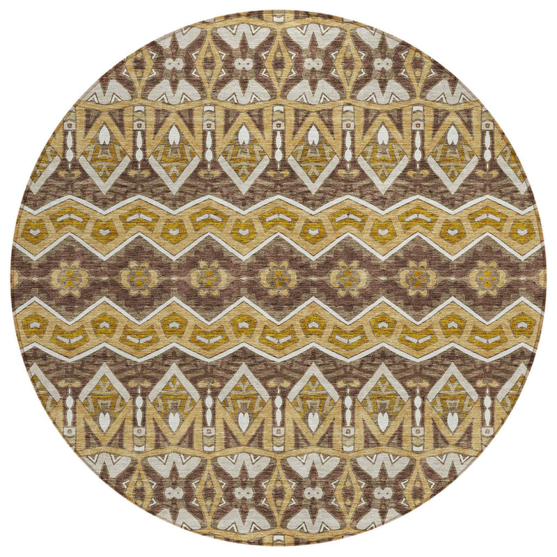 8' Gold Brown And Beige Round Moroccan Washable Indoor Outdoor Area Rug