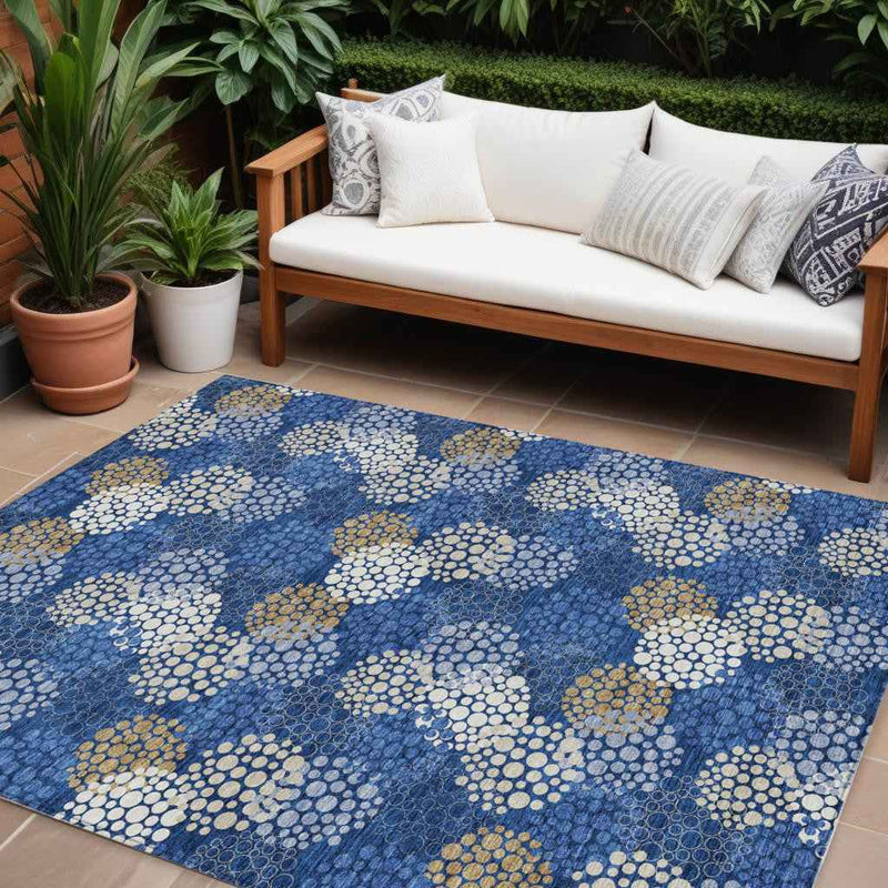 8' X 10' Navy Blue Brown And Ivory Polka Dot Washable Indoor Outdoor Area Rug