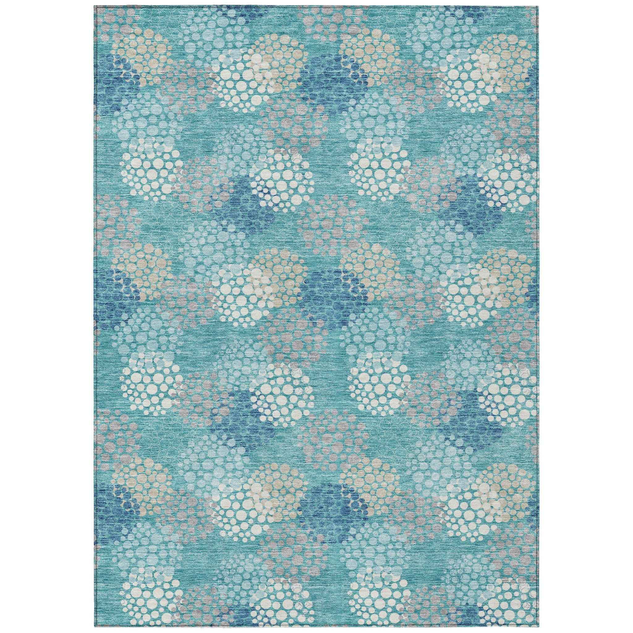 9' X 12' Teal Blue Gray And Ivory Polka Dot Washable Indoor Outdoor Area Rug