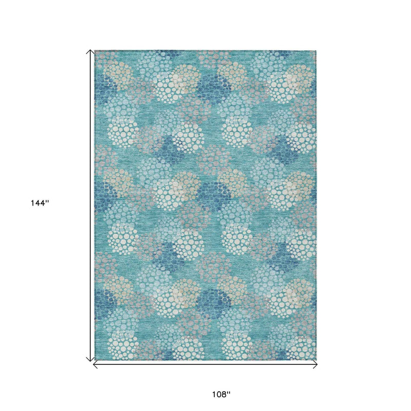 9' X 12' Teal Blue Gray And Ivory Polka Dot Washable Indoor Outdoor Area Rug