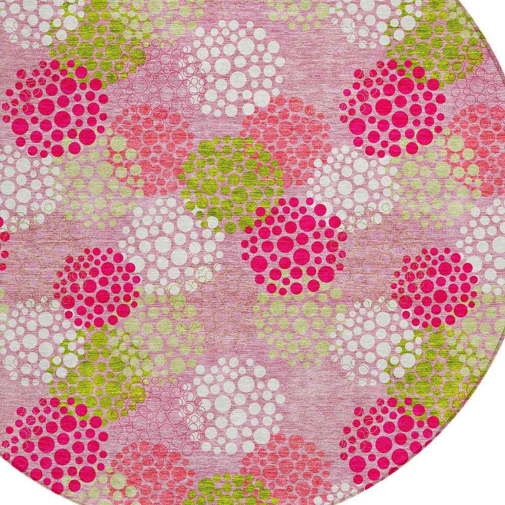 8' Pink Green And Ivory Round Polka Dot Washable Indoor Outdoor Area Rug
