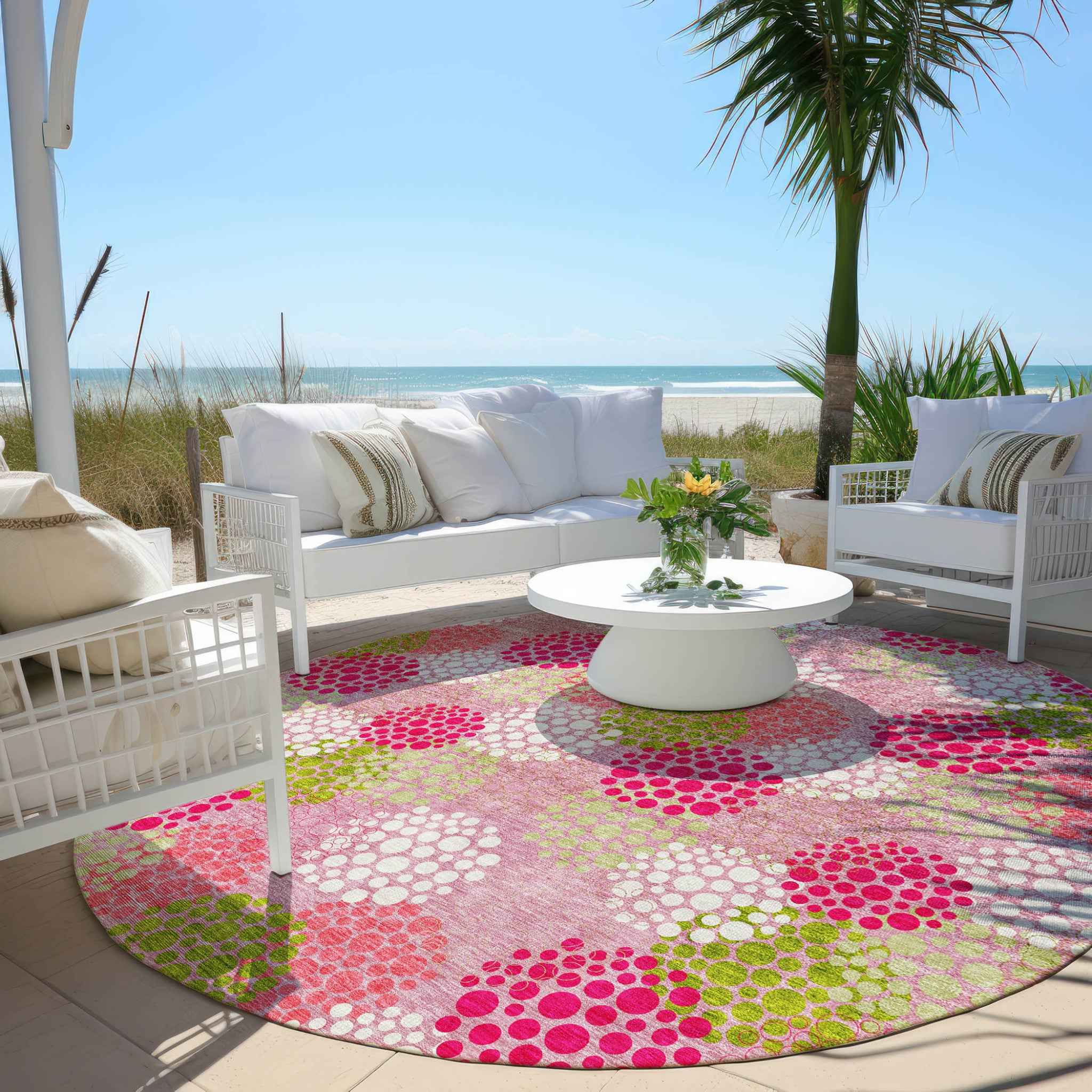 8' Pink Green And Ivory Round Polka Dot Washable Indoor Outdoor Area Rug