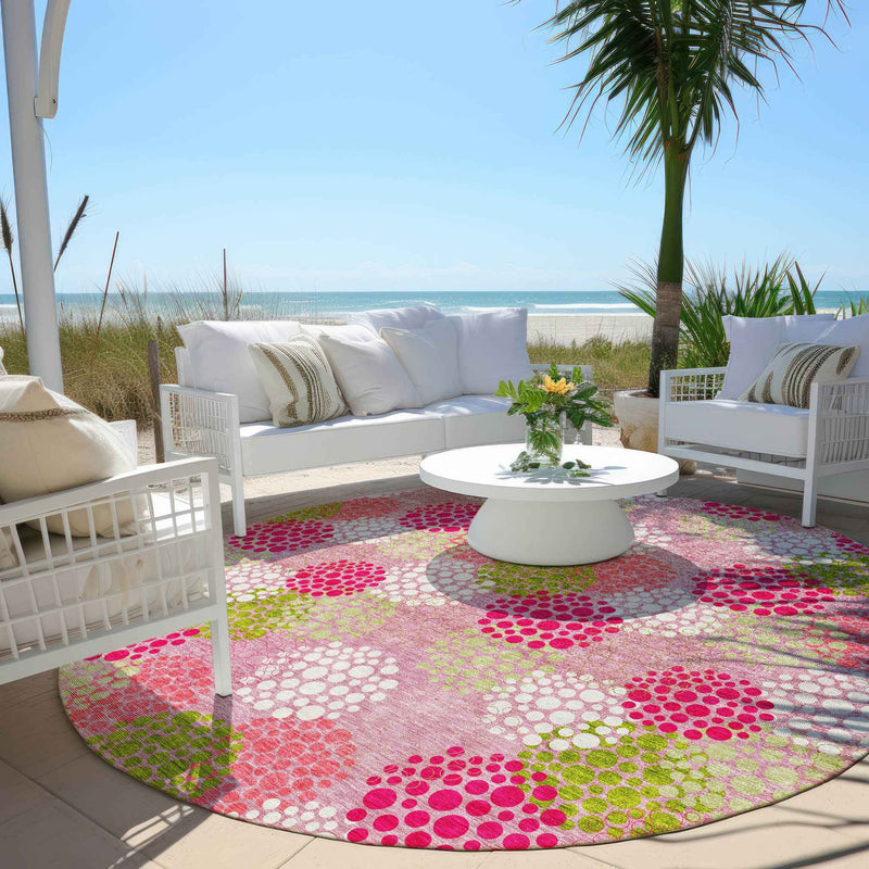 8' Pink Green And Ivory Round Polka Dot Washable Indoor Outdoor Area Rug