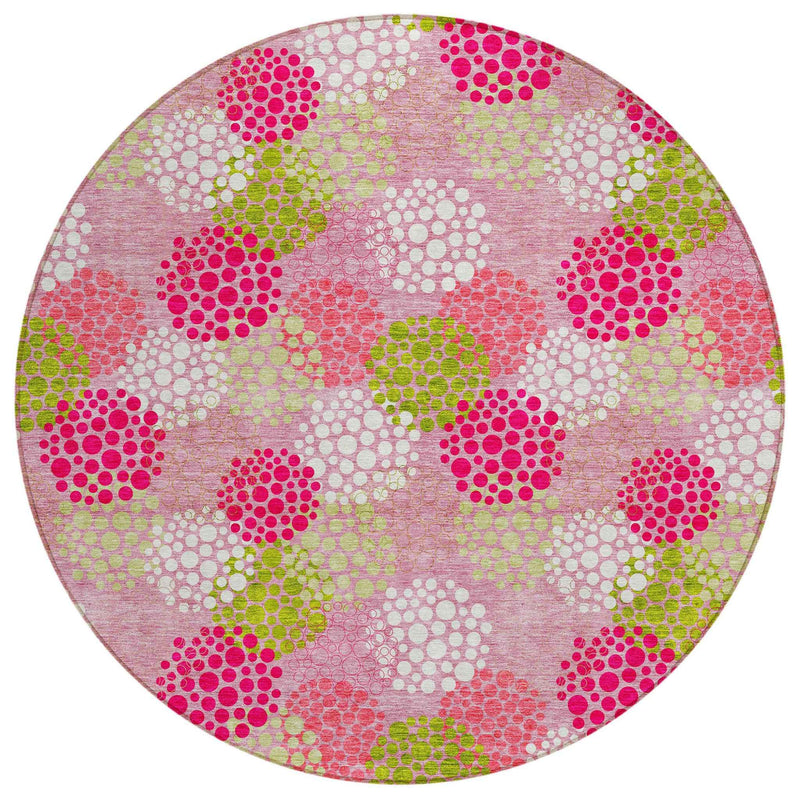 8' Pink Green And Ivory Round Polka Dot Washable Indoor Outdoor Area Rug