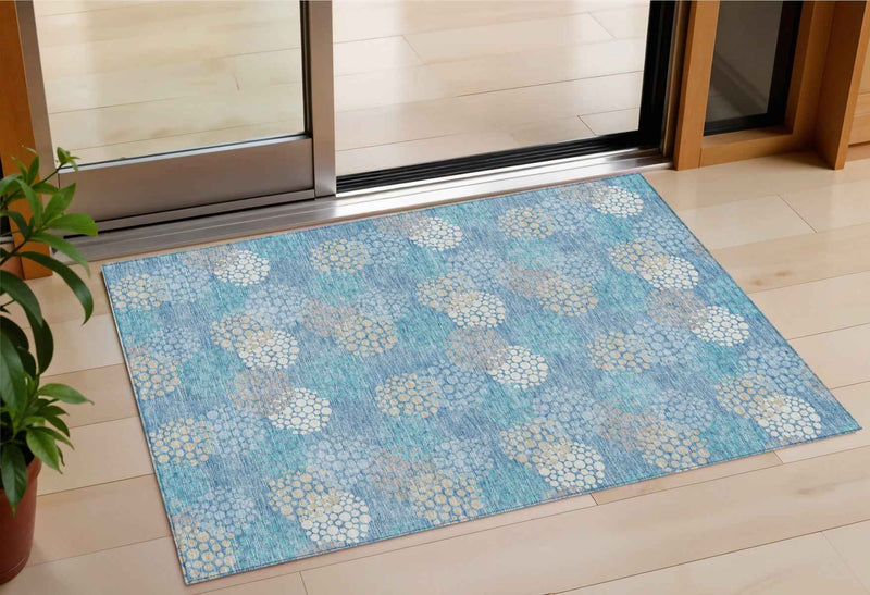 3' X 5' Sky Blue Gray And Ivory Polka Dot Washable Indoor Outdoor Area Rug