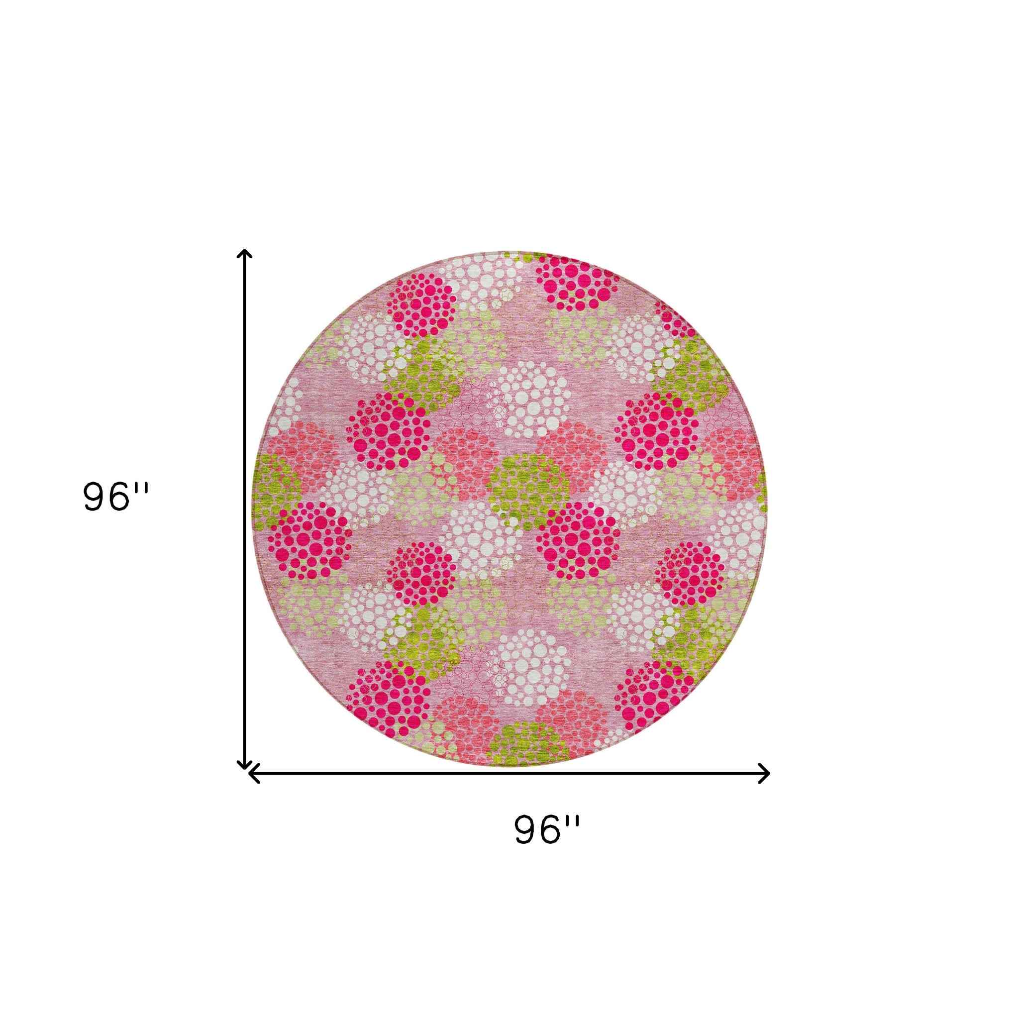 8' Pink Green And Ivory Round Polka Dot Washable Indoor Outdoor Area Rug