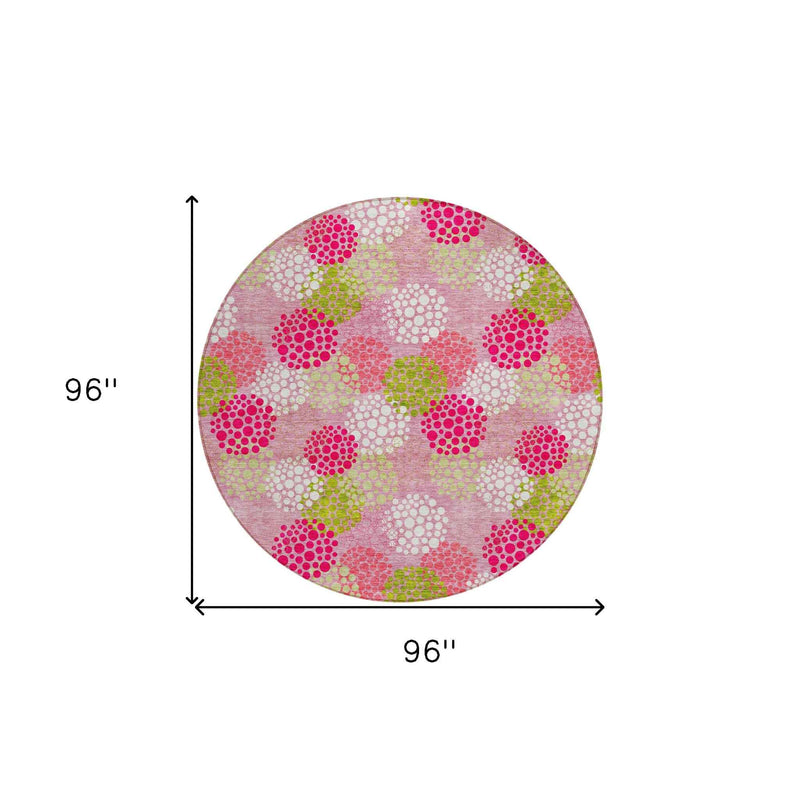 8' Pink Green And Ivory Round Polka Dot Washable Indoor Outdoor Area Rug