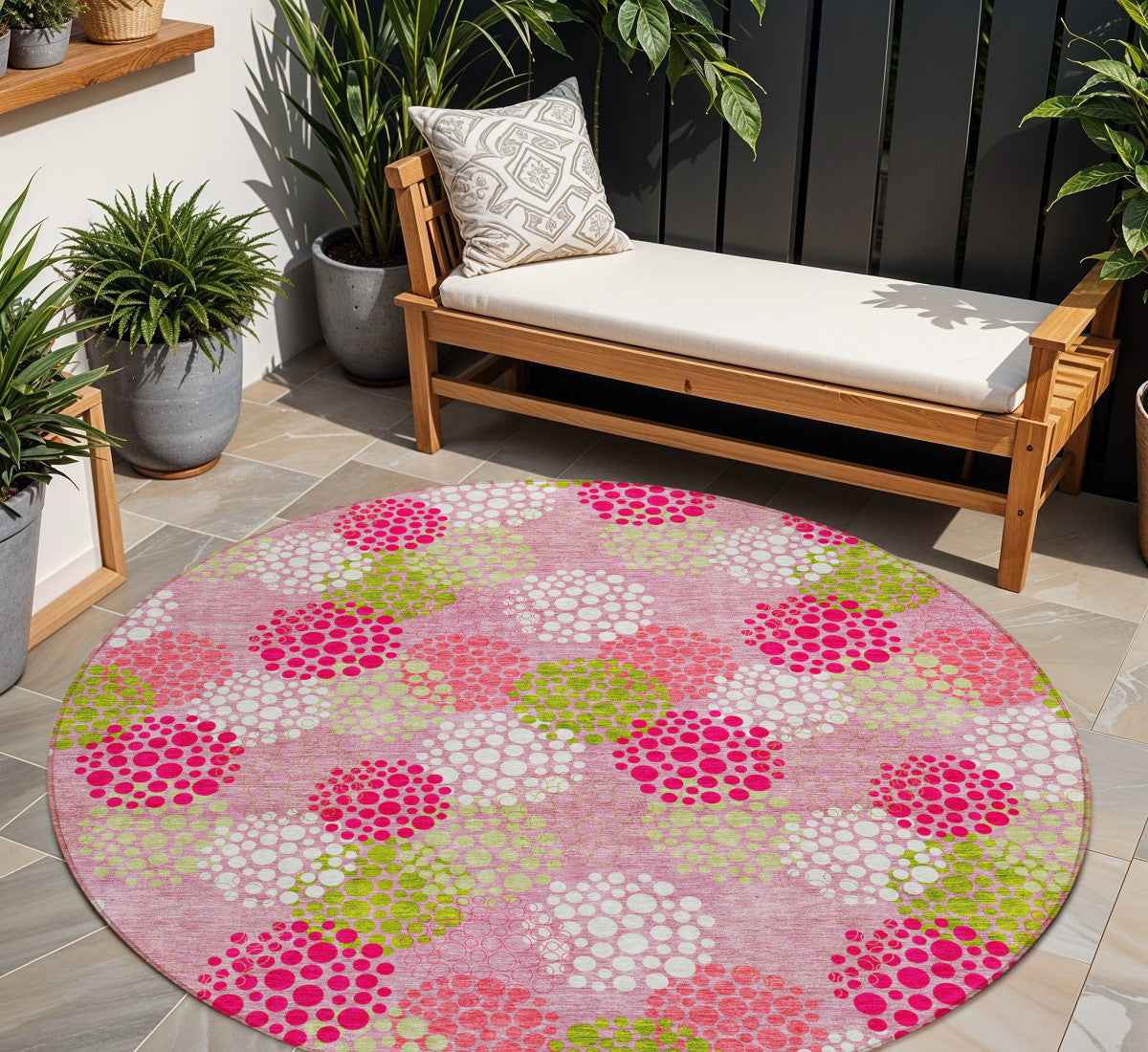 8' Pink Green And Ivory Round Polka Dot Washable Indoor Outdoor Area Rug