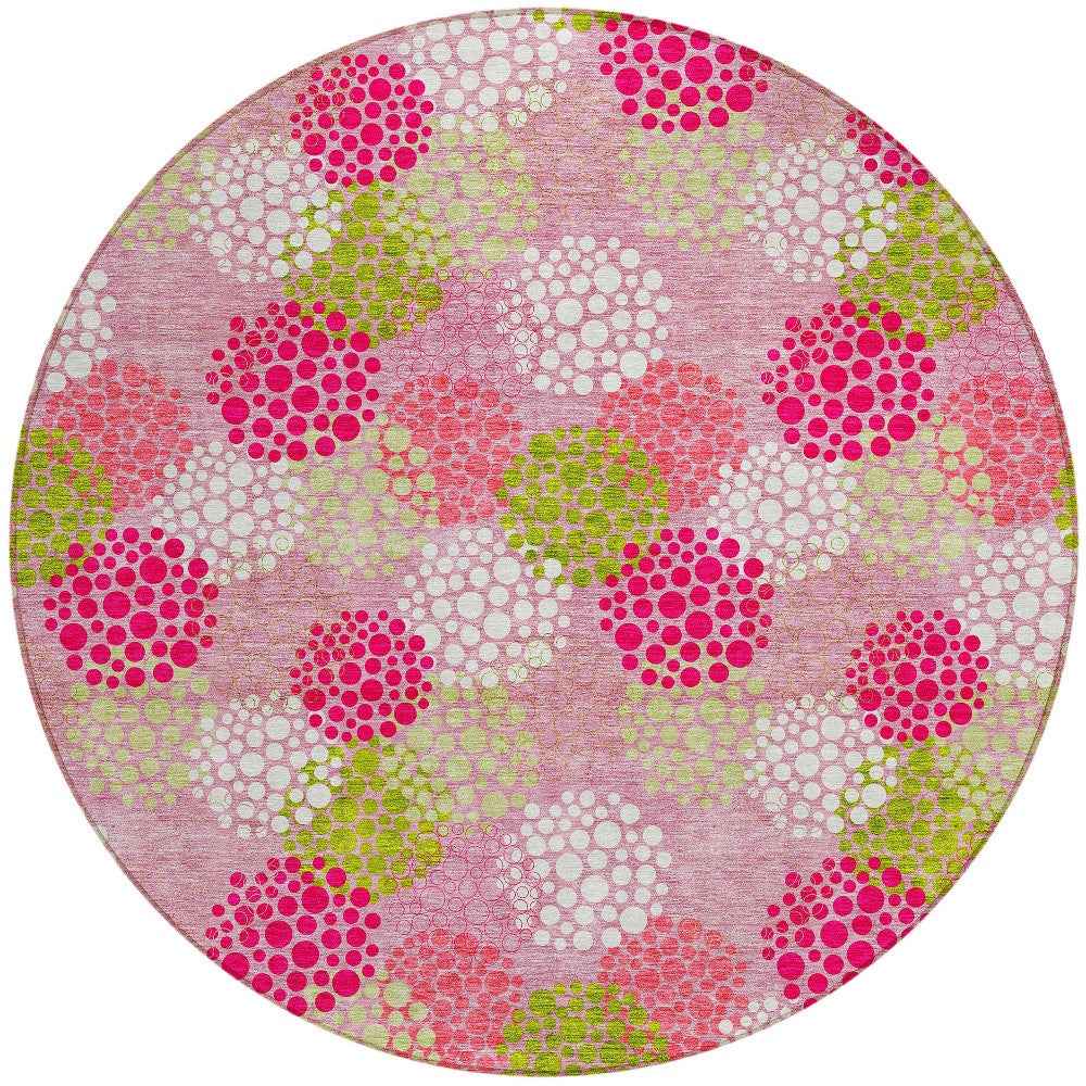 8' Pink Green And Ivory Round Polka Dot Washable Indoor Outdoor Area Rug