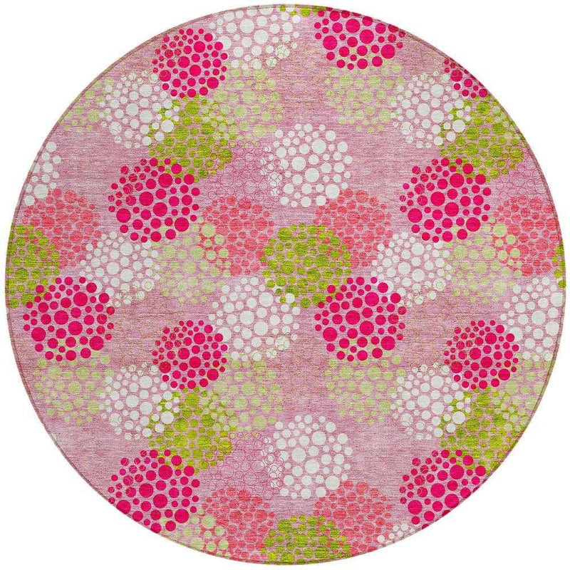 8' Pink Green And Ivory Round Polka Dot Washable Indoor Outdoor Area Rug