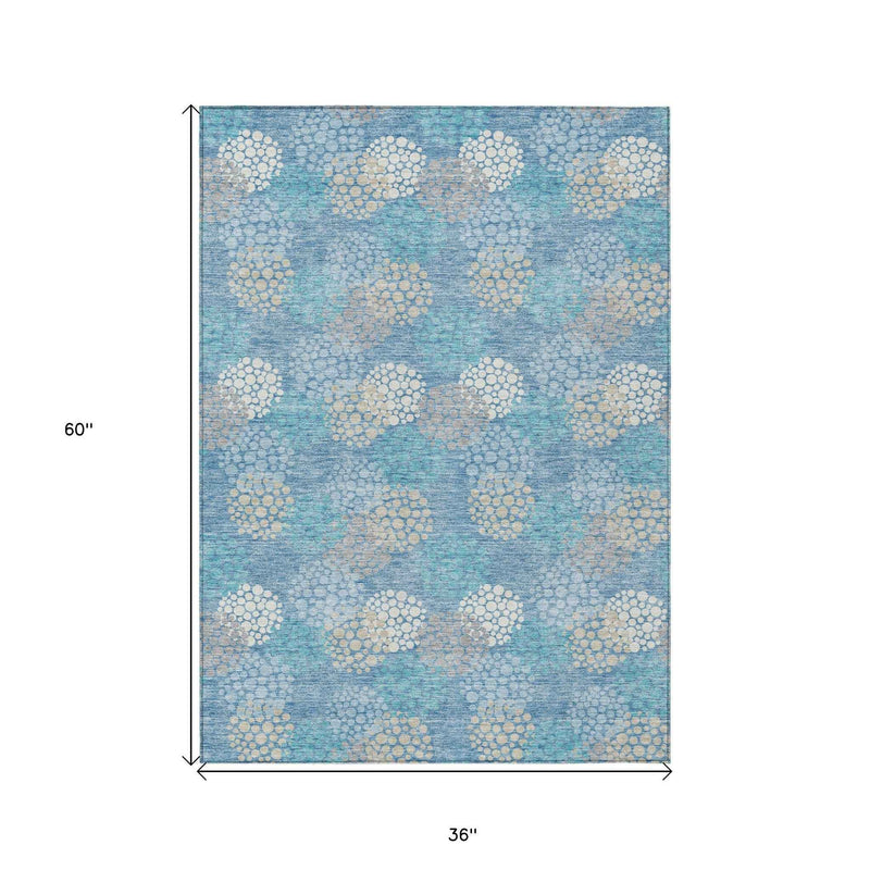 3' X 5' Sky Blue Gray And Ivory Polka Dot Washable Indoor Outdoor Area Rug