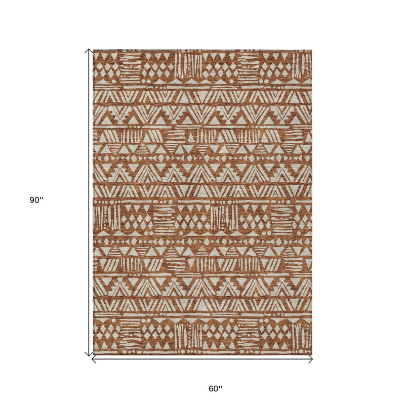 5' X 8' Terra Cotta And Beige Southwestern Washable Indoor Outdoor Area Rug