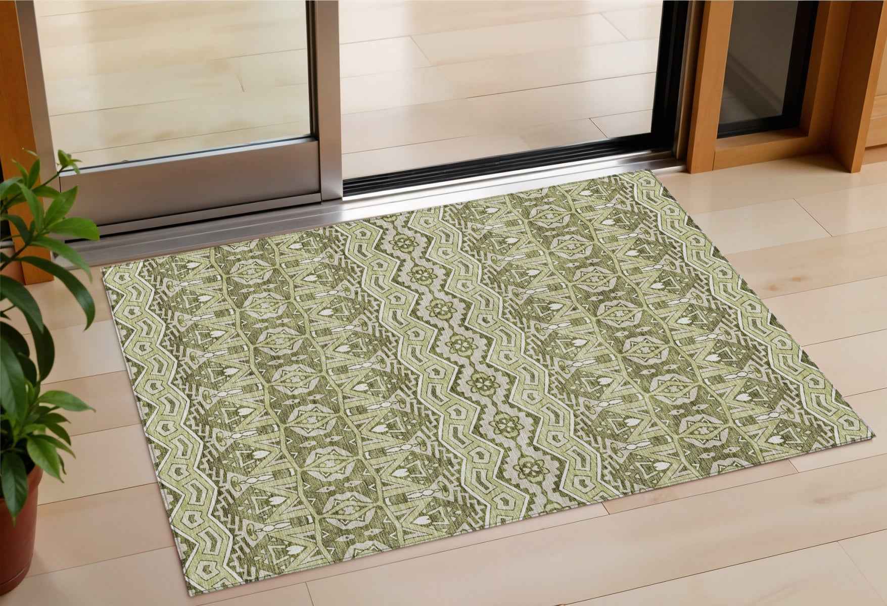 3' X 5' Artichoke Green Gray And Ivory Moroccan Washable Indoor Outdoor Area Rug