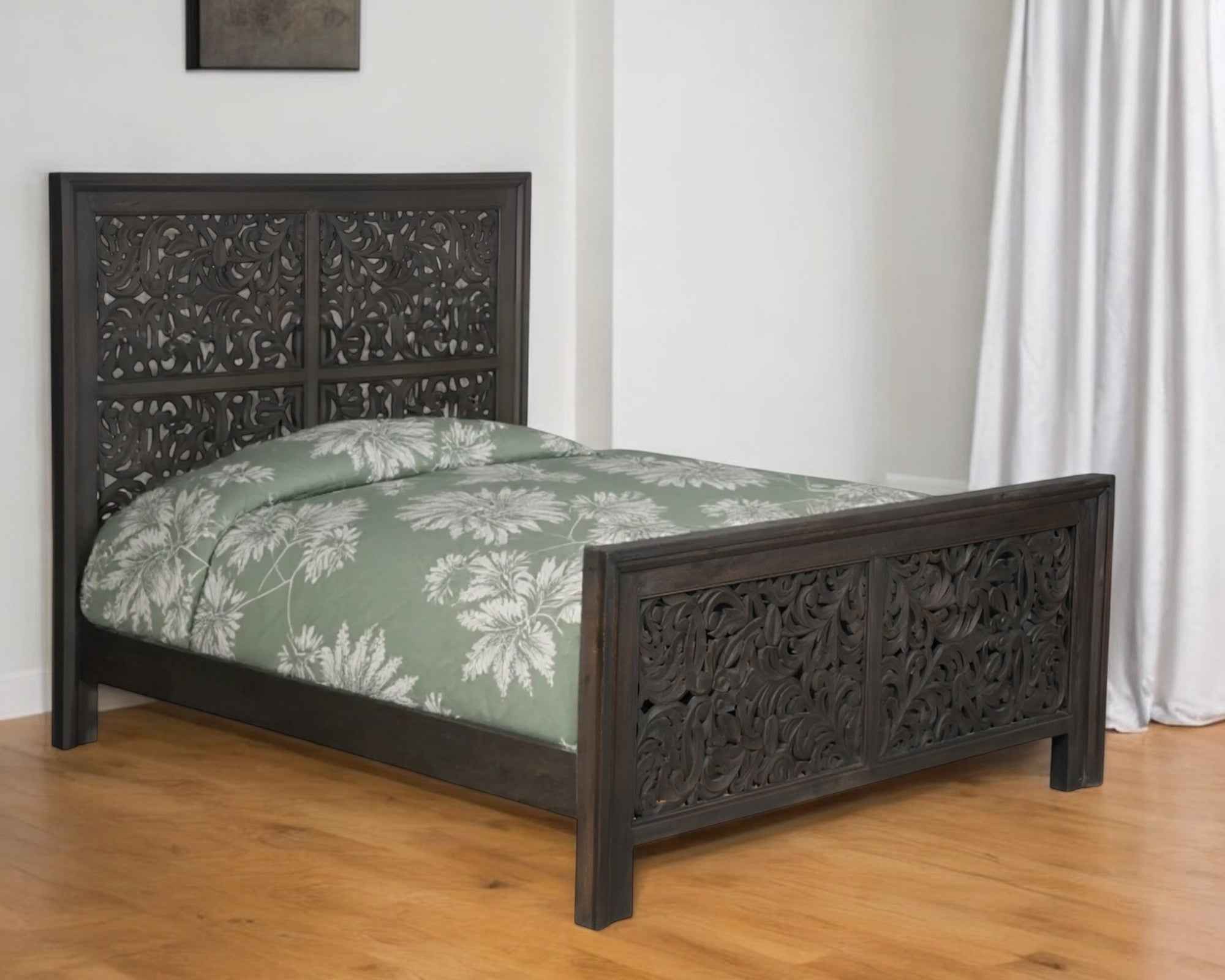 Gray Carved Scrollwork Distressed Solid Wood Queen Bed Frame