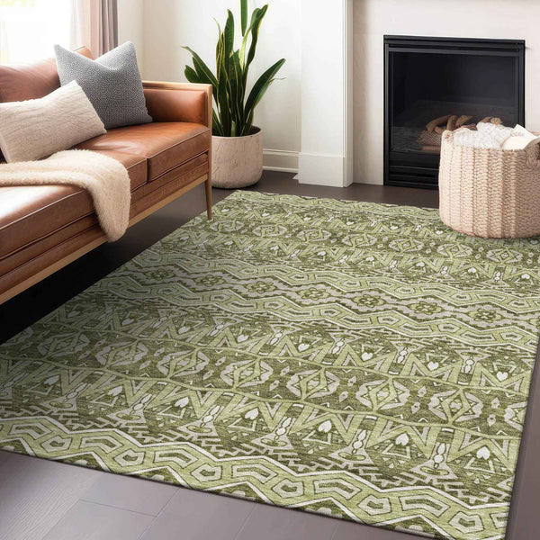 9' X 12' Artichoke Green Gray And Ivory Moroccan Washable Indoor Outdoor Area Rug