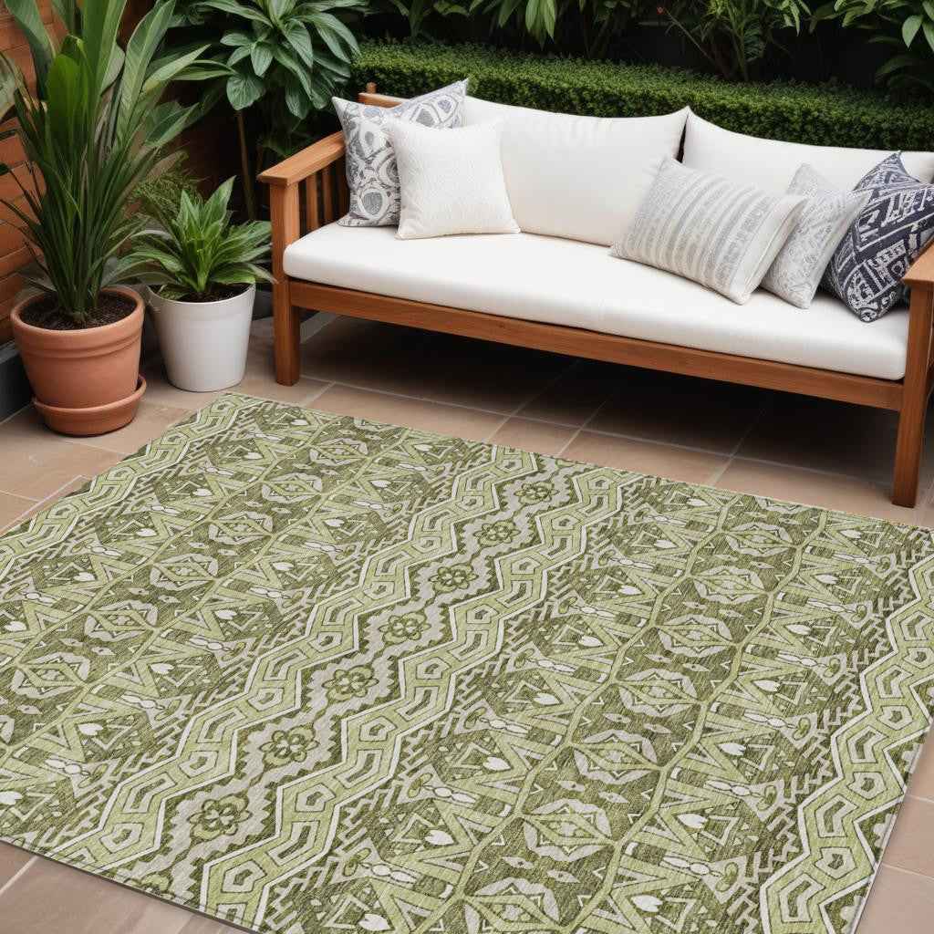 9' X 12' Artichoke Green Gray And Ivory Moroccan Washable Indoor Outdoor Area Rug