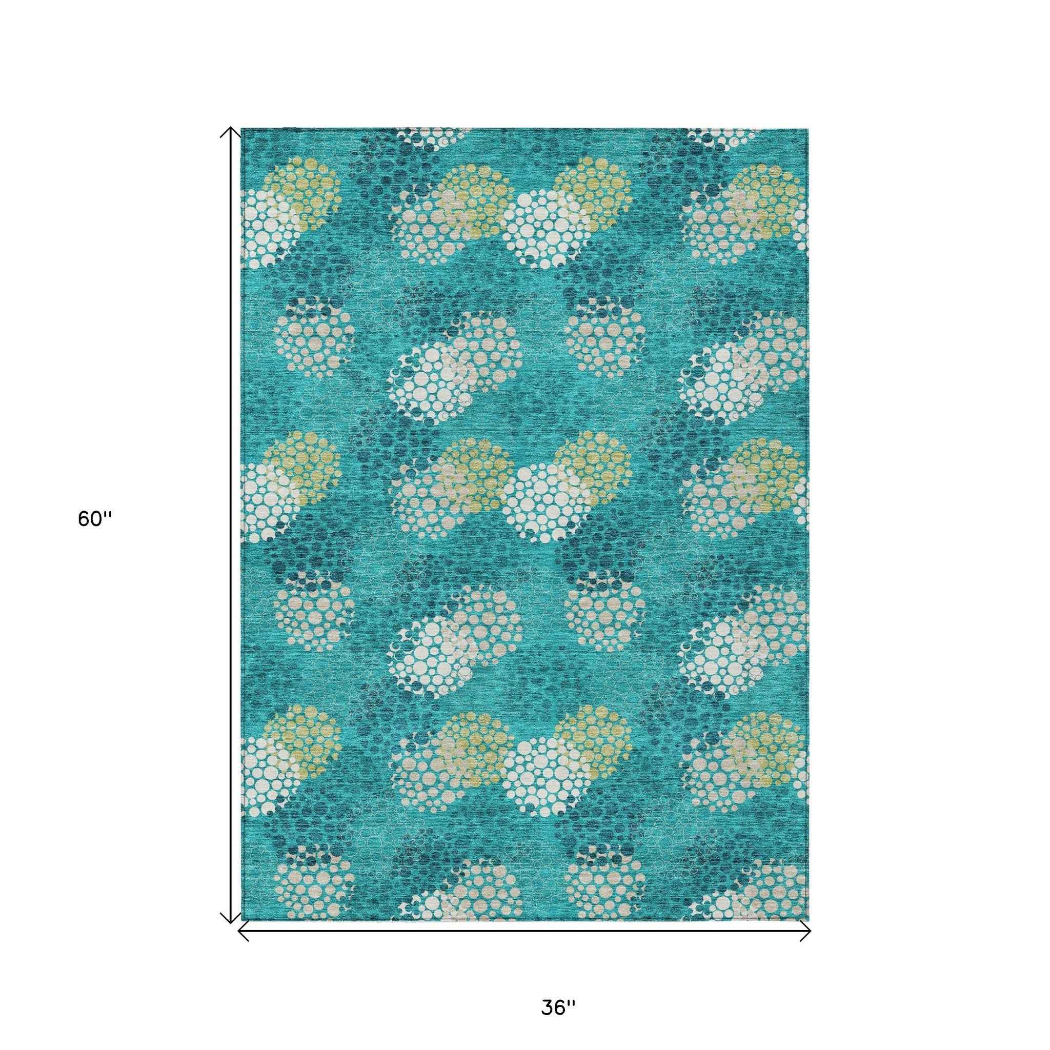 3' X 5' Emerald Gray And Ivory Polka Dot Washable Indoor Outdoor Area Rug