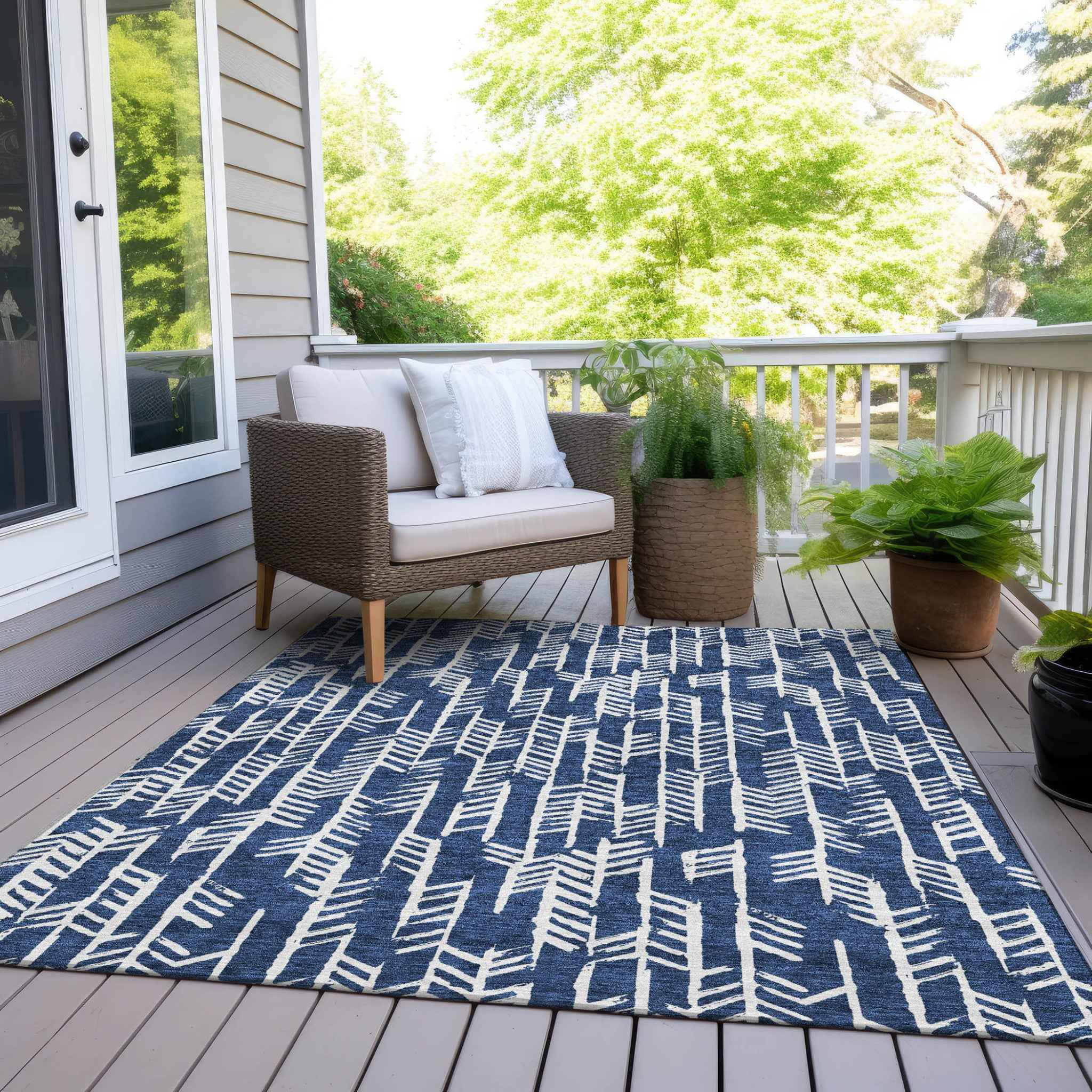 9' X 12' Navy Blue And Ivory Tribal Washable Indoor Outdoor Area Rug