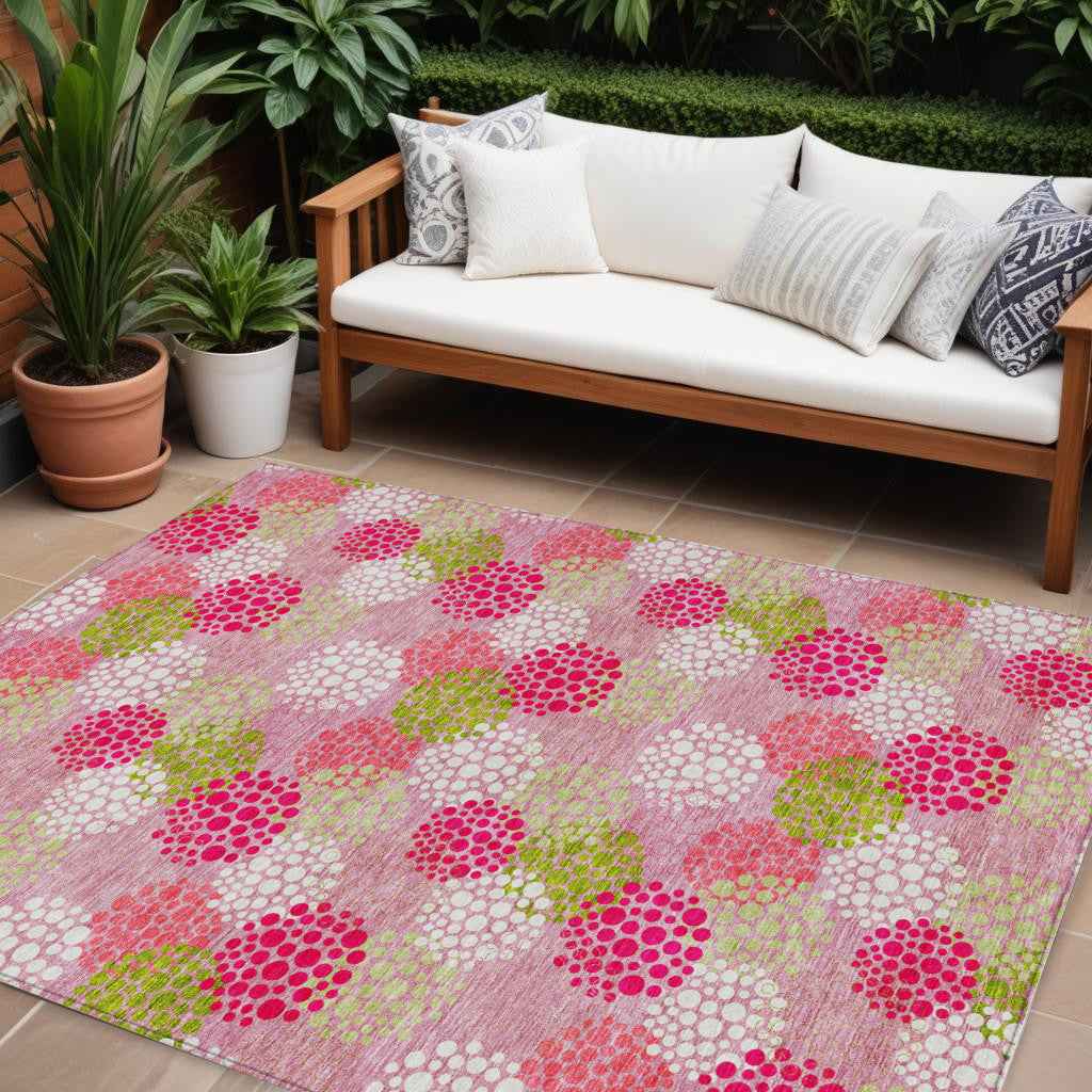 8' X 10' Pink Green And Ivory Polka Dot Washable Indoor Outdoor Area Rug