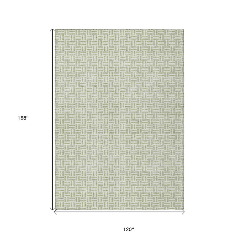 10' X 14' Artichoke Green And Gray Geometric Washable Indoor Outdoor Area Rug