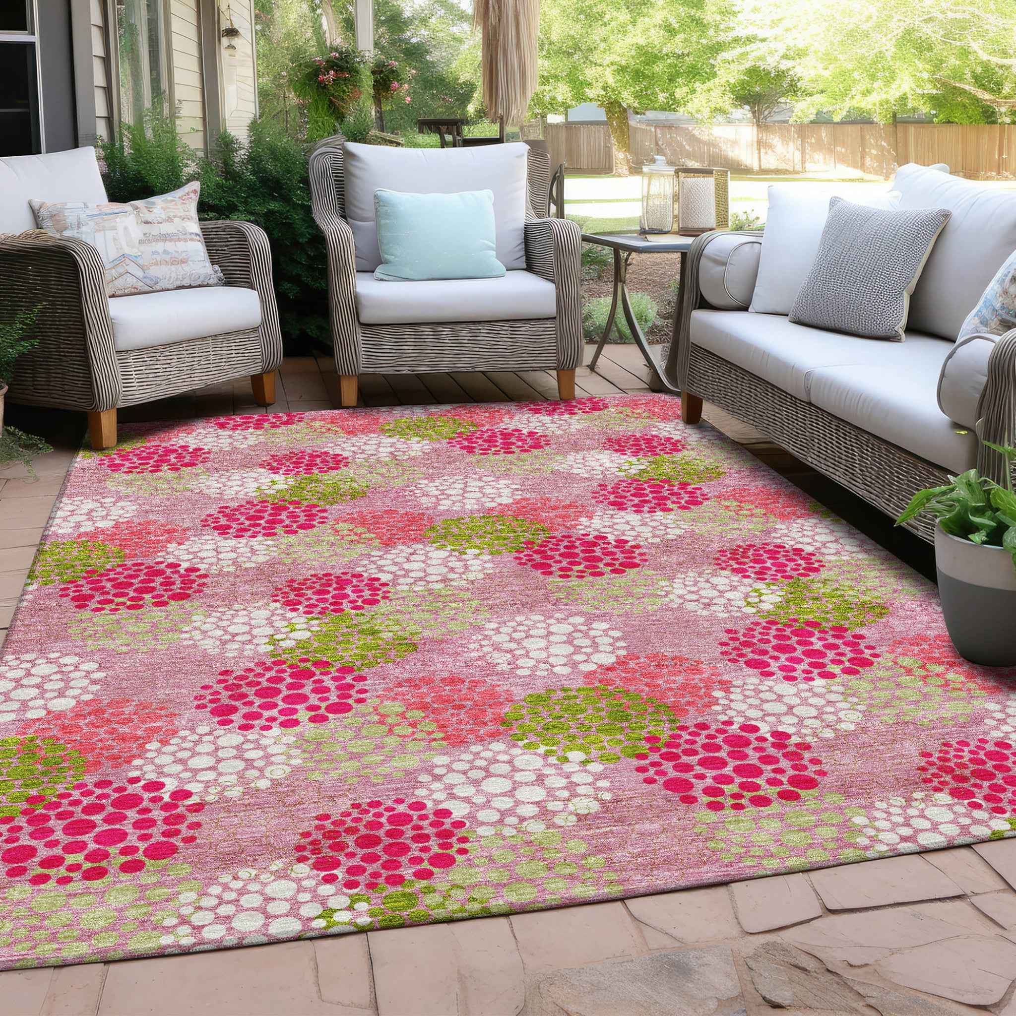 8' X 10' Pink Green And Ivory Polka Dot Washable Indoor Outdoor Area Rug