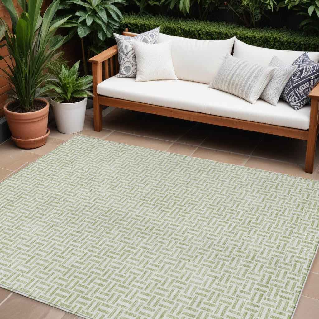 10' X 14' Artichoke Green And Gray Geometric Washable Indoor Outdoor Area Rug