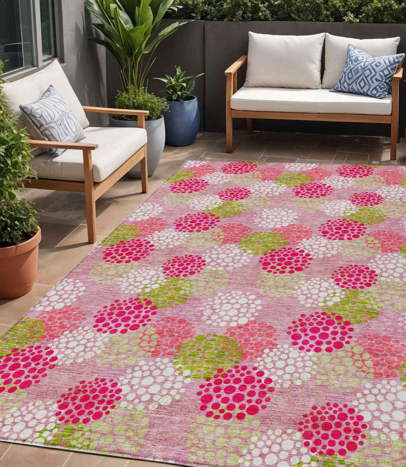 5' X 8' Pink Green And Ivory Polka Dot Washable Indoor Outdoor Area Rug