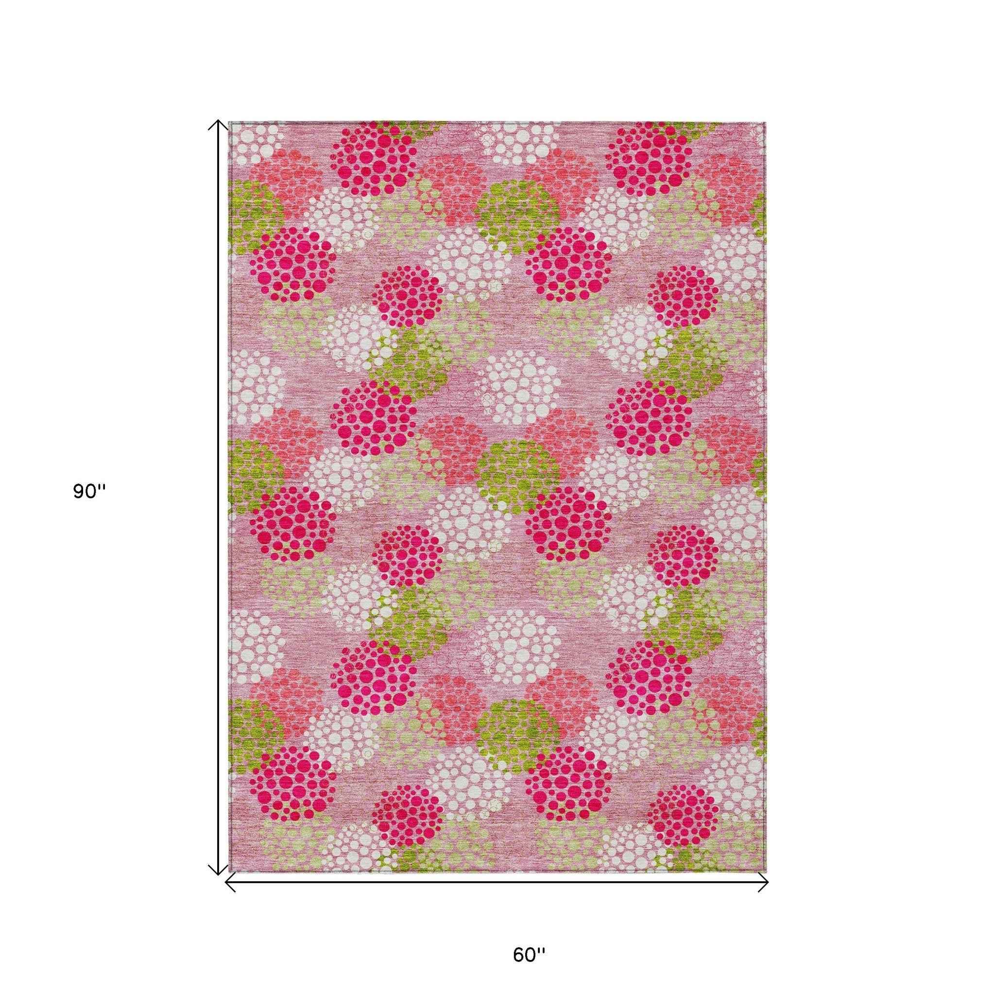 5' X 8' Pink Green And Ivory Polka Dot Washable Indoor Outdoor Area Rug