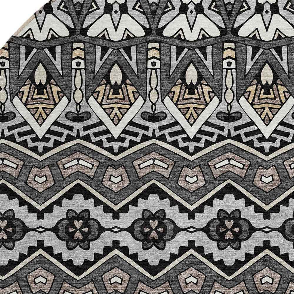 8' Charcoal Brown And Ivory Round Moroccan Washable Indoor Outdoor Area Rug