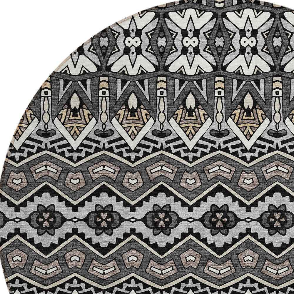 8' Charcoal Brown And Ivory Round Moroccan Washable Indoor Outdoor Area Rug