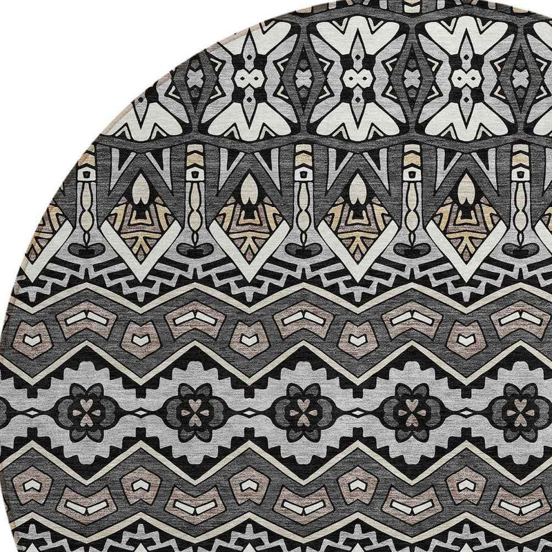 8' Charcoal Brown And Ivory Round Moroccan Washable Indoor Outdoor Area Rug