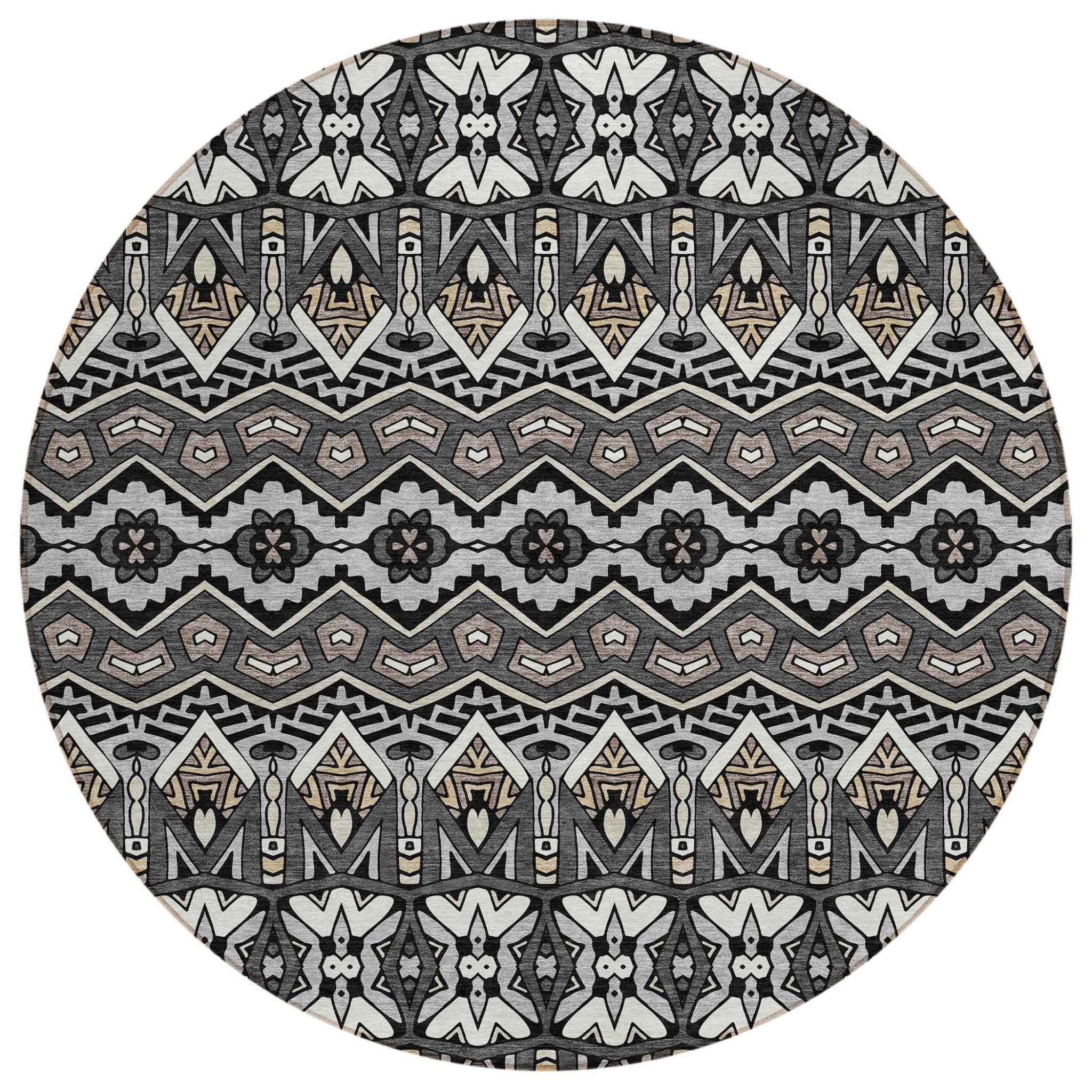 8' Charcoal Brown And Ivory Round Moroccan Washable Indoor Outdoor Area Rug
