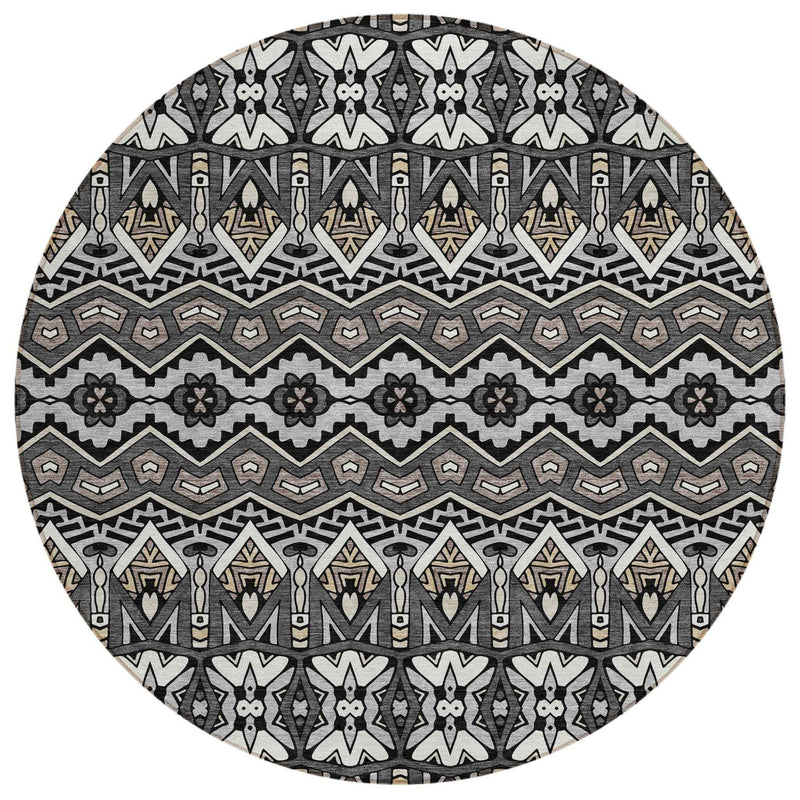 8' Charcoal Brown And Ivory Round Moroccan Washable Indoor Outdoor Area Rug