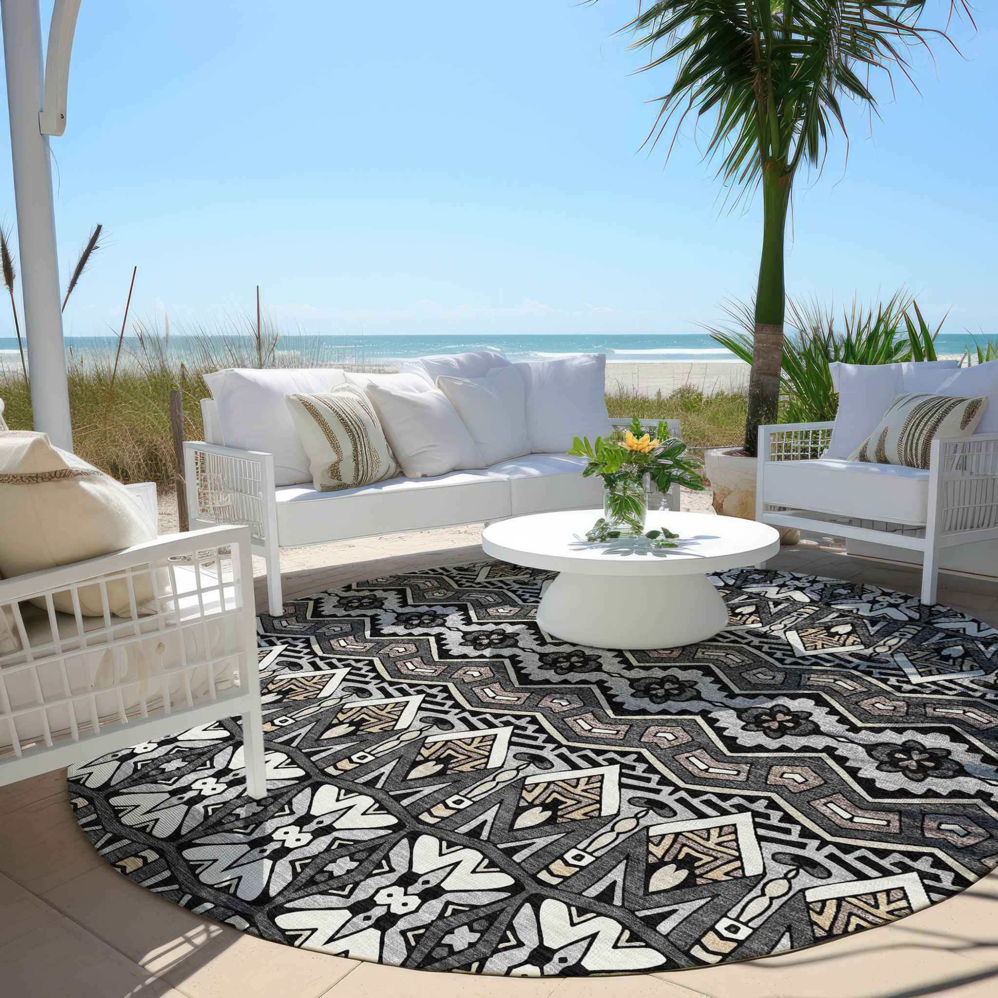 8' Charcoal Brown And Ivory Round Moroccan Washable Indoor Outdoor Area Rug