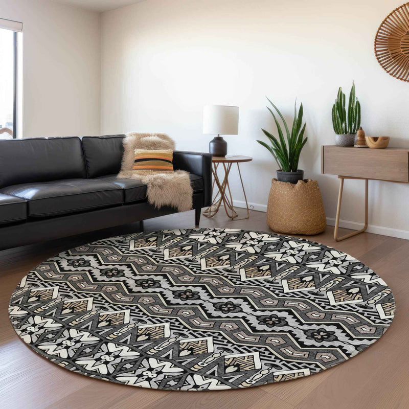 8' Charcoal Brown And Ivory Round Moroccan Washable Indoor Outdoor Area Rug