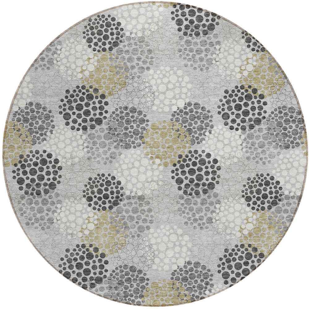 8' Gray Silver And Ivory Round Polka Dot Washable Indoor Outdoor Area Rug