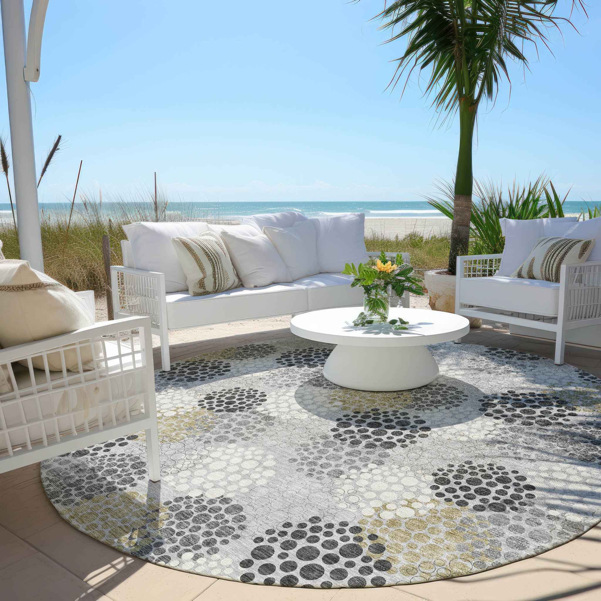 8' Gray Silver And Ivory Round Polka Dot Washable Indoor Outdoor Area Rug