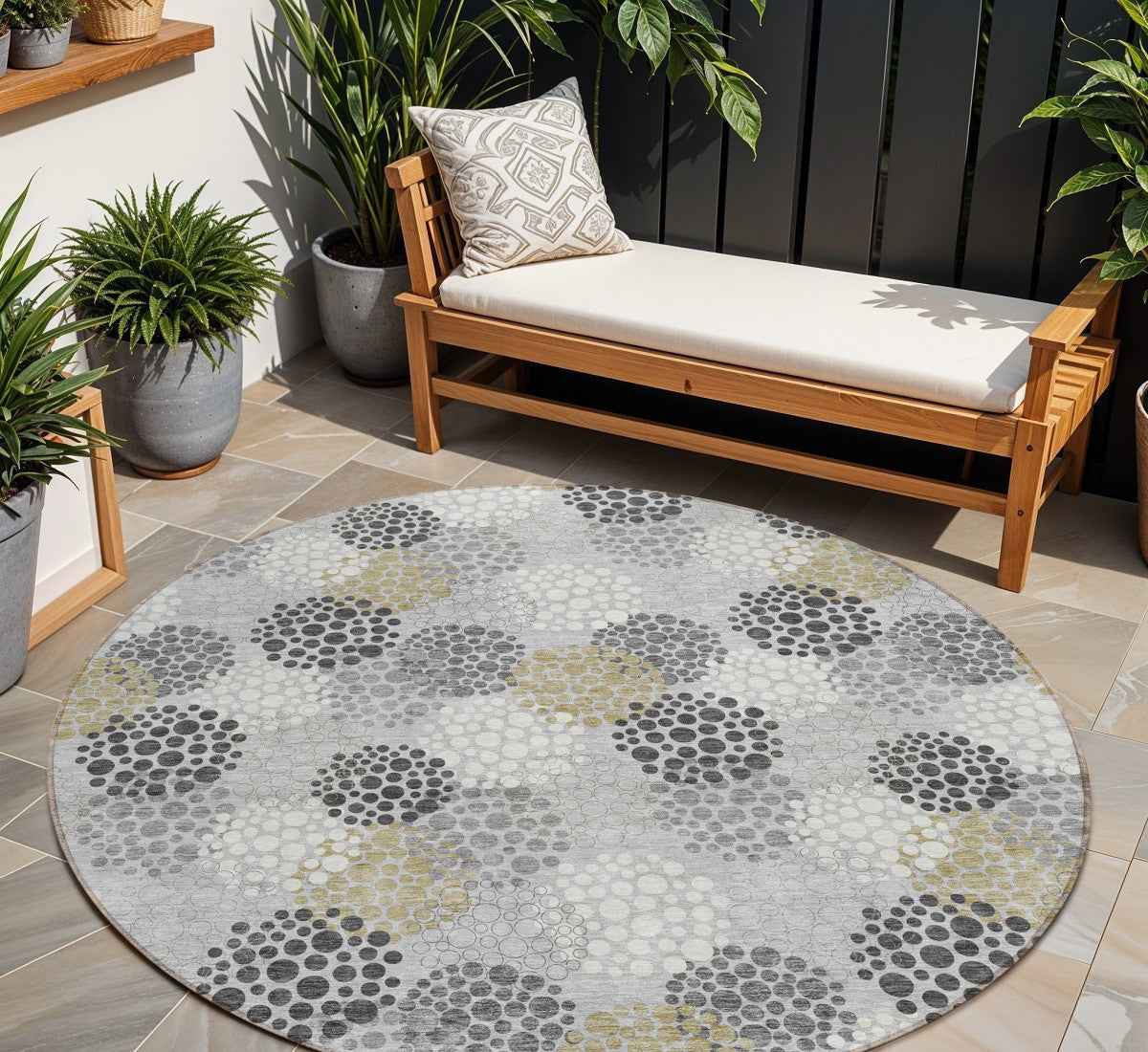 8' Gray Silver And Ivory Round Polka Dot Washable Indoor Outdoor Area Rug