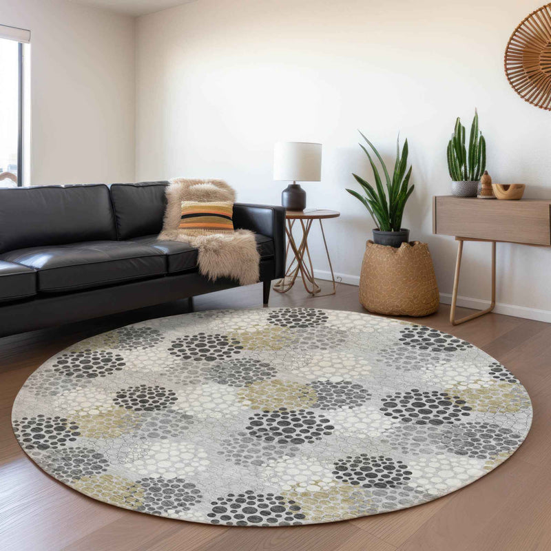 8' Gray Silver And Ivory Round Polka Dot Washable Indoor Outdoor Area Rug