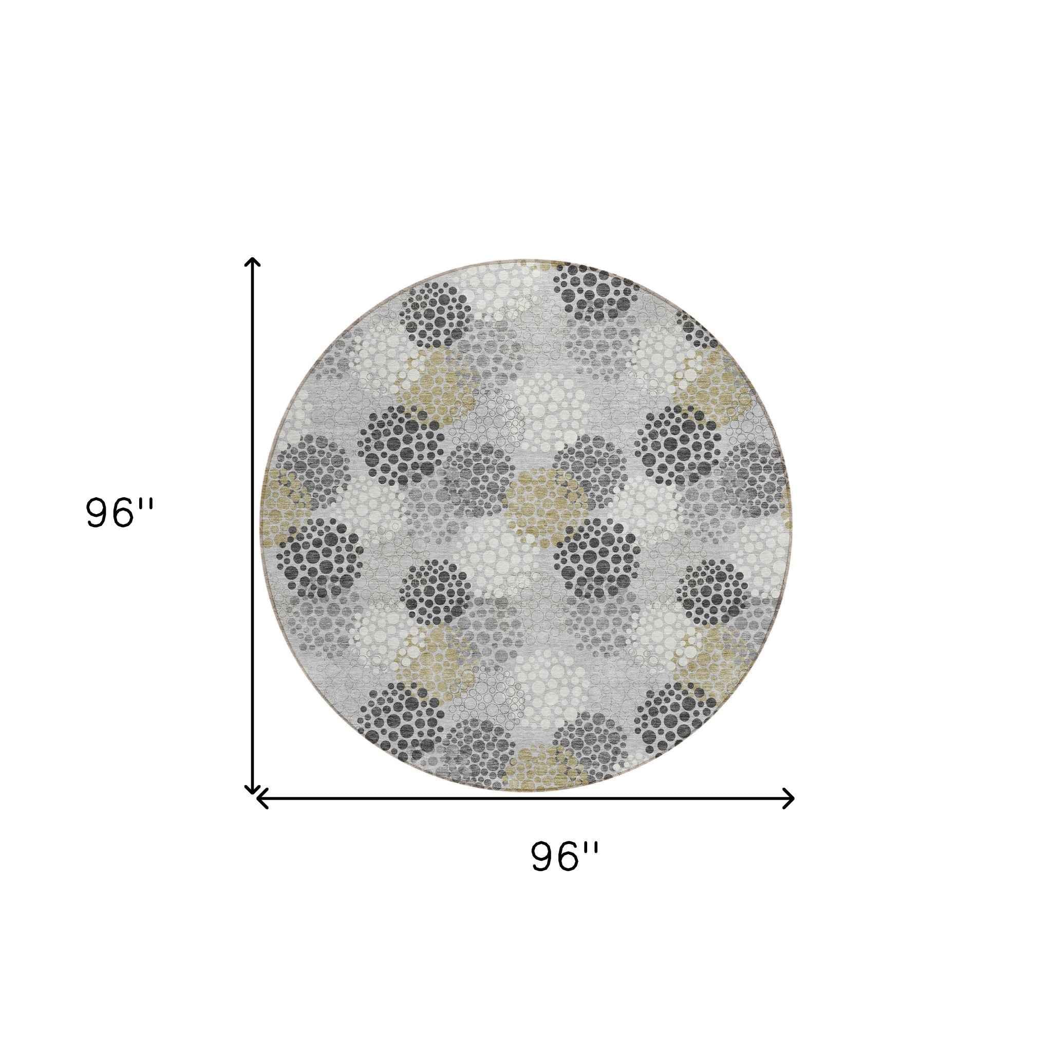 8' Gray Silver And Ivory Round Polka Dot Washable Indoor Outdoor Area Rug