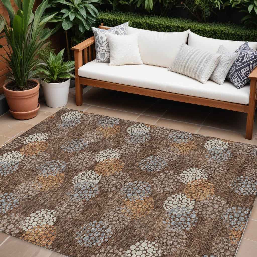 9' X 12' Brown Gray And Ivory Polka Dot Washable Indoor Outdoor Area Rug