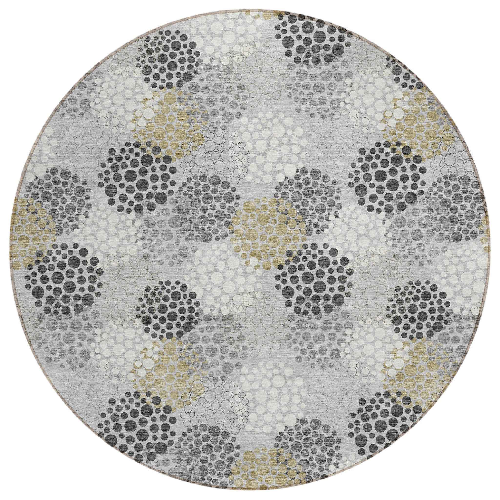 8' Gray Silver And Ivory Round Polka Dot Washable Indoor Outdoor Area Rug